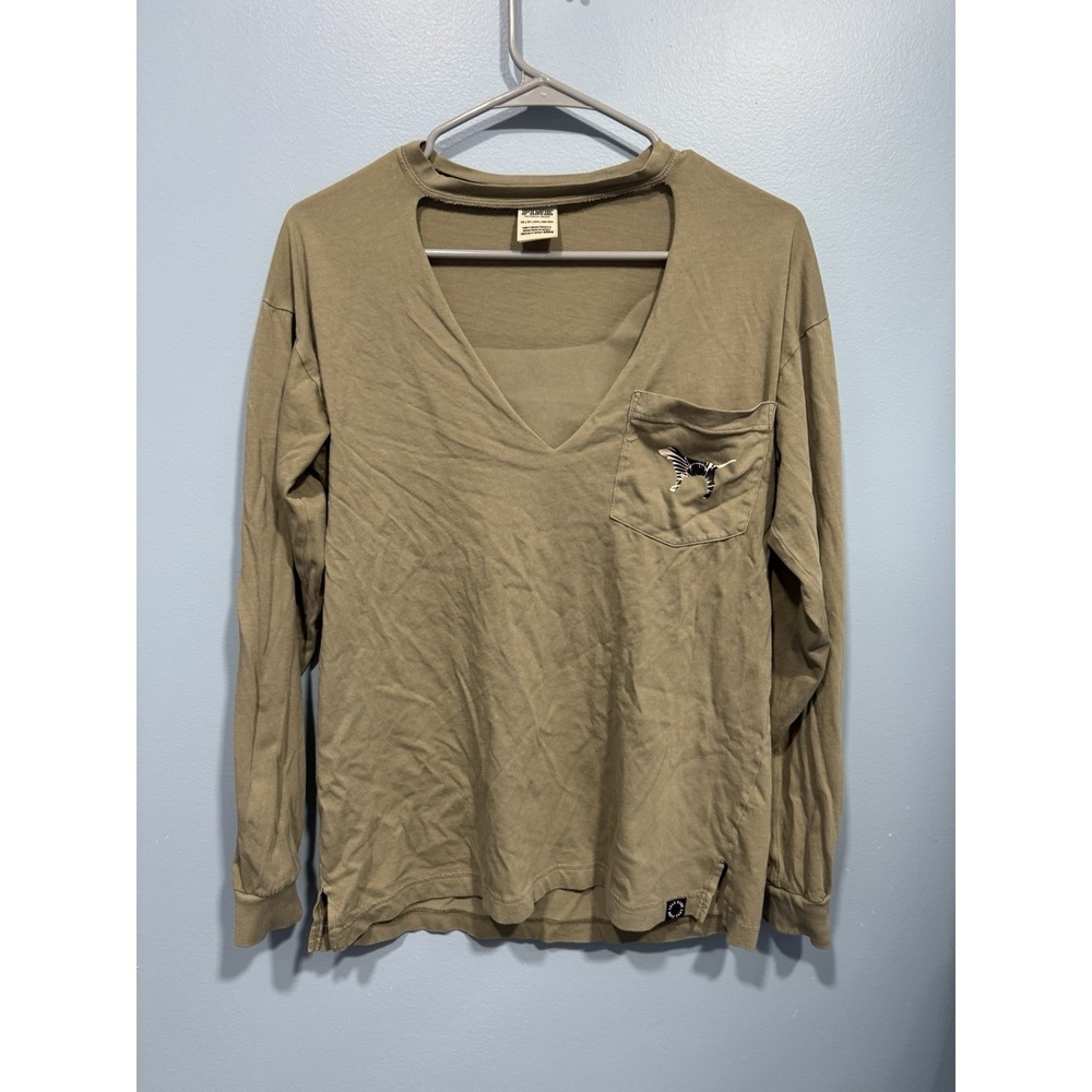 Victorias Secret PINK Womens XS Olive Green Long Sleeve Dog Logo Pocket Tee